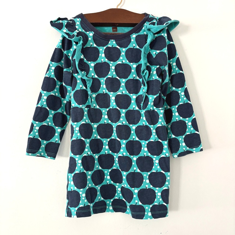 Tea Collection School Long Sleeve Dress Apple Print Tea 4/4Tl Ruffle Trim